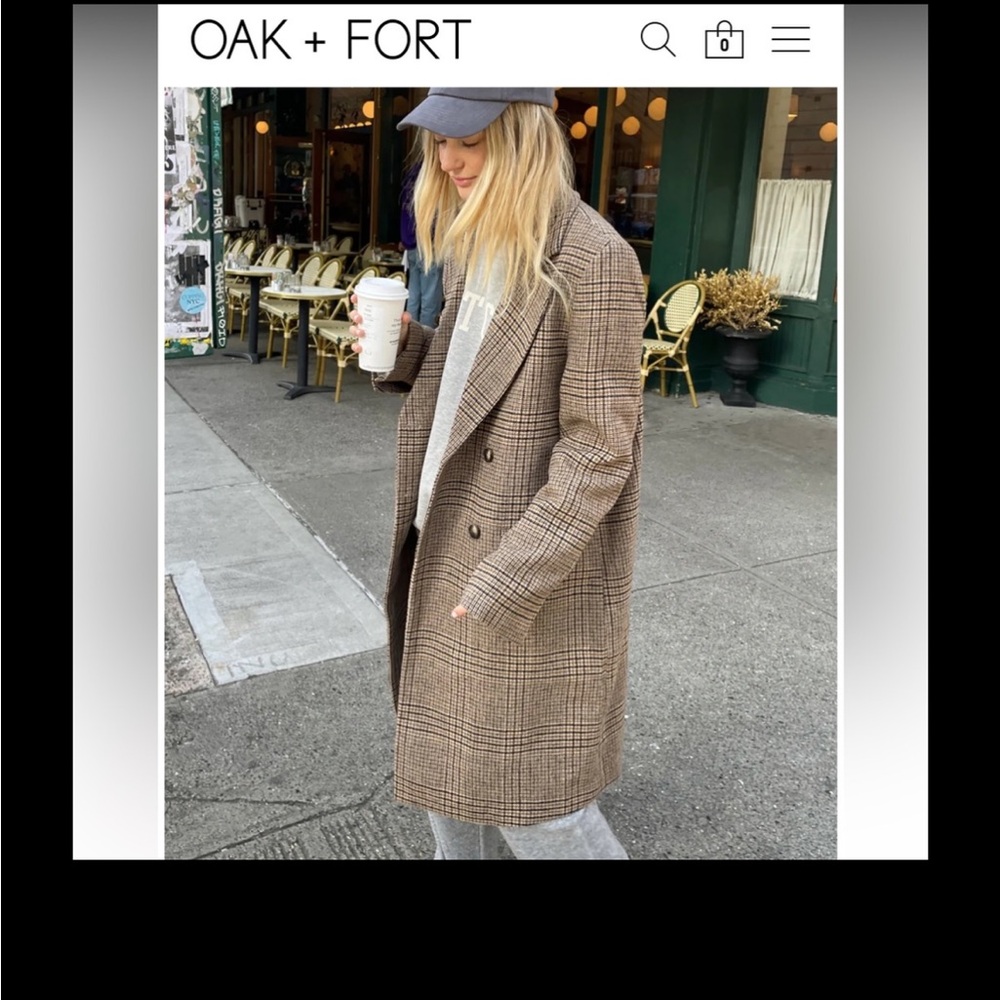 OAK + FORT Brown Plaid Double-Breasted Coat